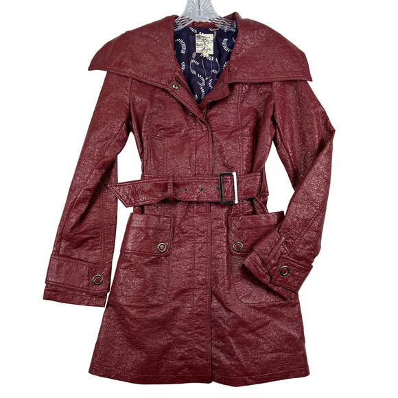 Tulle Jackets & Blazers - Tulle Trench Coat Womens Small Red Belted Mid-Length Textured Classic Jacket